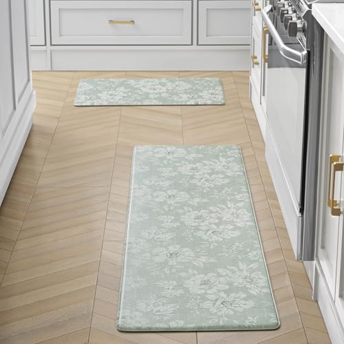 Laura Ashley - Anti-Fatigue Kitchen Mat, Iris Floral Design, Stain, Water & Fade Resistant, Cooking & Standing Relief, Non-Slip Backing, 2 Piece Set: 17.5" x 60" / 17.5" x 28" Sage Green Iris - color: Sage Green, size: 60"L x 17.5"W / 28"L x 17.5"W