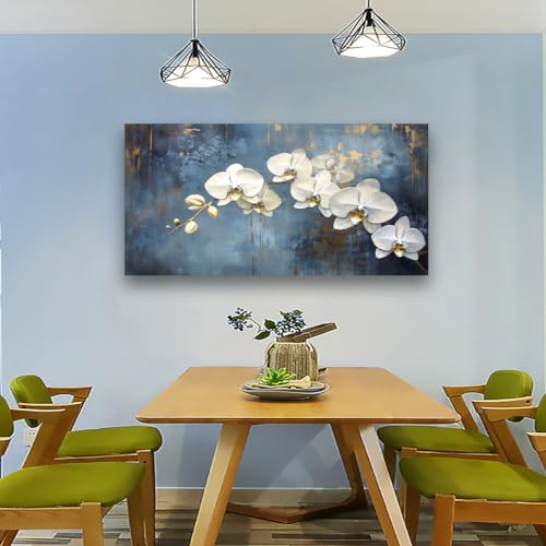 Abstract White Butterfly Orchid Canvas Wall Art for Living room Office Bedroom Flowers Wall Art Print Oil Paintings Modern Blue Gold Rain Mist Pictures Wall Decor Artwork Ready to Hang - 20in * 40inch - color: White Butterfly Orchid, size: 40"L x 20"W