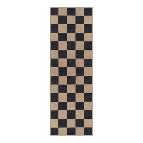 Lahome Checkered Easy Jute Outdoor Runner Rug, 2x6 Kitchen Rugs Washable - color: Black/Checkerboard -1, size: 2' x 6' (Runner)