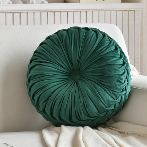 Teieas Round Throw Pillow Velvet Pleated Round Pillow Cushion - color: Emerald