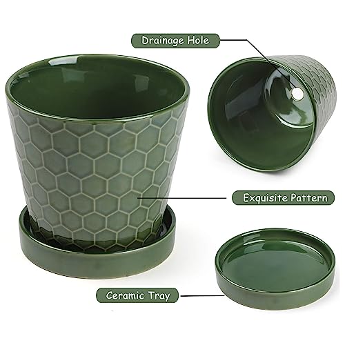 Ceramic Plant Pots,4+5+6 Inch Pots for Indoor Plants,Planters with Drainage Holes and Ceramic Tray, Indoor Flower Pots Gardening Home Desktop Office Windowsill Decoration Gift,Set of 3 (Patina) - color: Patina