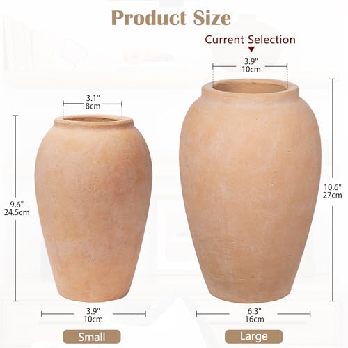 Handcrafted Flower Vase, 10.5" Tall Terracotta Vases, Vintage Rustic Ceramic Vase Décor, Wide Mouth, Matte Finish for Home Office Resto Café Decoration - color: Reddish Pink 10.5"