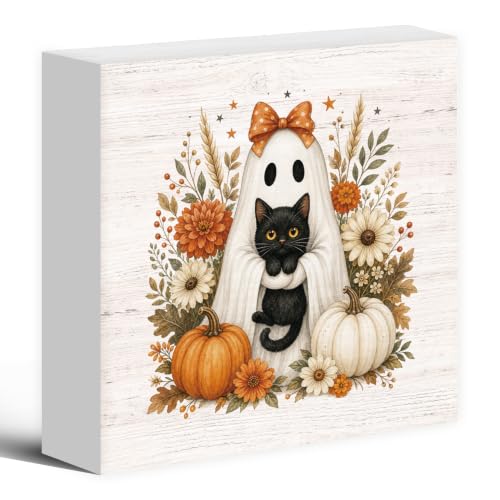 Halloween Fall Ghost Black Cat Pumpkin Wood Box Sign Desk Decor 5X5 - color: Ghost