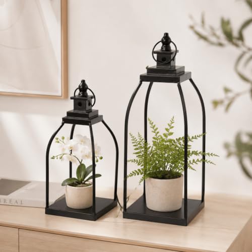 Decorative Candle Lanterns Set of 2, Black Metal for Indoor & Outdoor - size: 12+15in
