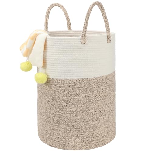 58L Cotton Rope Laundry Basket (20"x15"), Woven Storage Basket for Laundry, Living Room, Nursery, Bedroom, Blankets (White/Brow) - color: White Brow