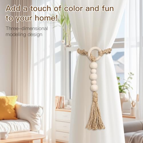 Macrame Curtain Tiebacks with Wooden Beads, Jute Rope Boho Holdbacks with Tassels, Natural Beige, 2-Pcs
