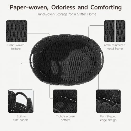 Endymion Set of 2 Paper Rope Scalloped Basket, Wicker Storage Baskets Black - color: Black