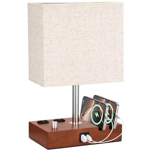 Brown Wood Grain Bedside Lamp - Stepless Dimmable, USB C+A, 2 AC Outlets - color: Brown Wood Grain with Knob Switch, size: 1 Pack