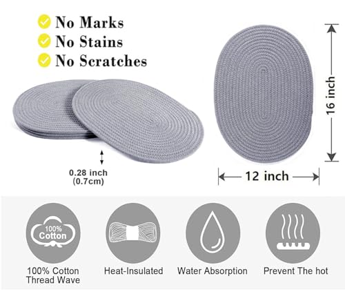 4 Pack Oval Woven Cotton Rope Placemats - Grey Braided Plate Chargers 12 * 16 Inch Farmhouse Boho Vintage Heat Resistant Outdoor Tablemats for Patio, Wedding Party - color: Gray, size: Oval Set of 4