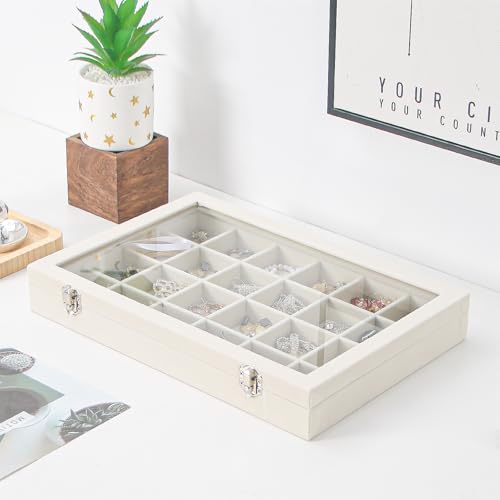Coward Jewelry Organizer Box, Beige Velvet 24 Grids Ring Earring Jewelry Display Tray Case with Transparent Glass Lid for Home Drawer or Shop Selling - color: Beige Velvet, size: 24Grids Box