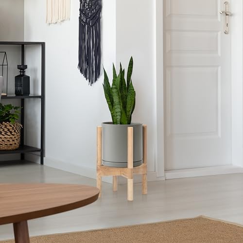 D'vine Dev Ceramic Pot with Natural Wood Stand, Grey, 8 in, 55-B-N-3 - color: Grey Pot + Natural Stand, size: 8 Inch