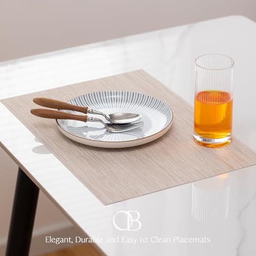 Placemats Set of 6 - Easy Clean Woven Vinyl Placemats for Dining Table, Indoor/Outdoor Place Mats, Washable PVC Table Mats(Beige) - color: A-beige