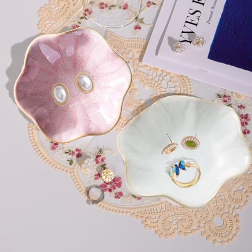 Binoster Ceramic Jewelry Dish, Jewelry Tray Key Tray,Small Ring Dish Holder Jewelry Plate Trinket Dish Catchall Tray Nightstand Decor For Table Room Decor SM (4.3 Inches, White + Pink) - color: White + Pink, size: 4.3 inches
