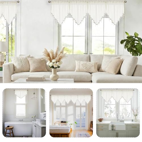 WUBODTI Ivory Sheer Beaded Valance Curtains Living Room Kitchen Windows - color: Ivory