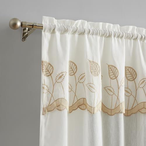 LinenZone 54x96 Linen Color Embroidered Leaf Curtains. (Emma 54x96, Linen) - color: Linen, size: 54"W x 96"L (Pack of 2)