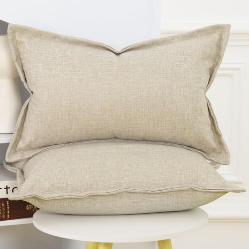 MADIZZ Pack of 2 Faux Rustic Linen Throw Pillow Covers with Flange Edge Soft Boho Natural Decorative Pillowcases for Sofa Living Room Modern Throw Pillows for Bed 12x20 Inch Beige - color: Beige, size: 20" x 12" (Pack of 2)
