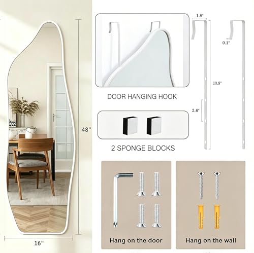 48"x16" Full Length Door Mirror, Dolphin Hanging Mirror, White - color: White, size: 48"L x 16"W