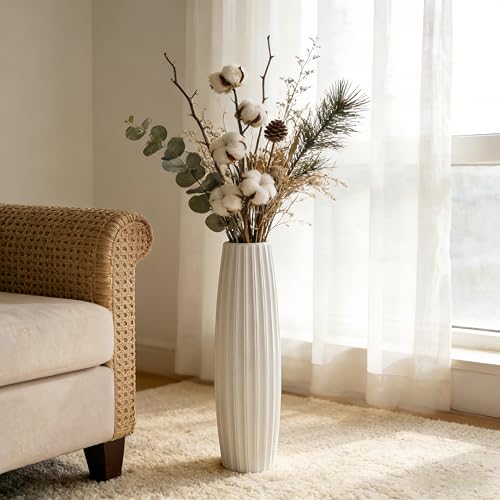 White Tall Ceramic Floor Vase, 28 Inch, Ribbed Drum Design - color: Vertical Stripes, size: Height-28 Inch