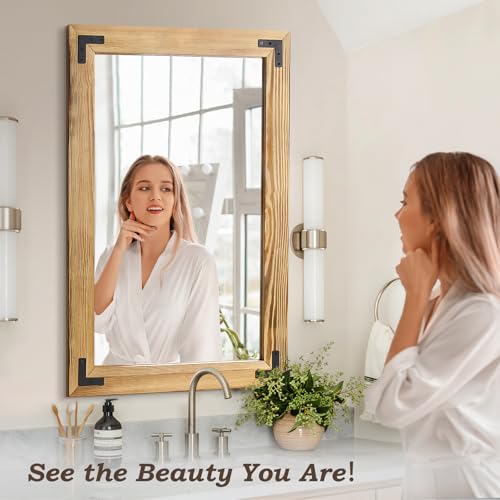 36"×24" Rustic Wood Frame Mirror for Wall, Bathroom Wooden Vanity Mirror - color: Light, size: 36"L x 24"W