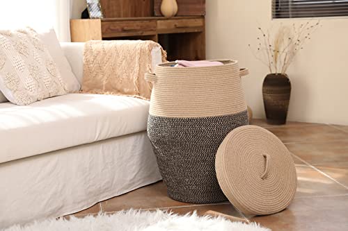26"x20" Cottonphant Extra Large Tall Woven Laundry Basket with Lid, Cotton Rope Blanket Storage Basket, Freestanding Decorative Bin for Bedroom Living Room, Jute & Black Mix - color: Jute/Black Mix