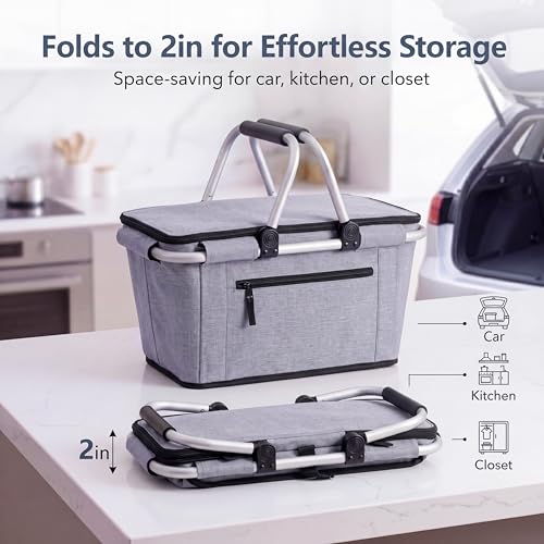 Picnic Basket, SIYUAN Collapsible Shopping Basket Insulated with 2 Handles 27L Large Cooler with Lid Portable Folding Grocery Market Tote Bag, Grey - color: Gray