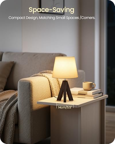 Small Table Lamp for Bedroom, 14.6" Bedside Lamp with White Linen Shade and Walnut Wood Tripod Base, Modern Nightstand Lamp for Living Room, Nursery, Entryway, E26 Socket, VW51TL05 - color: White+Dark Walnut