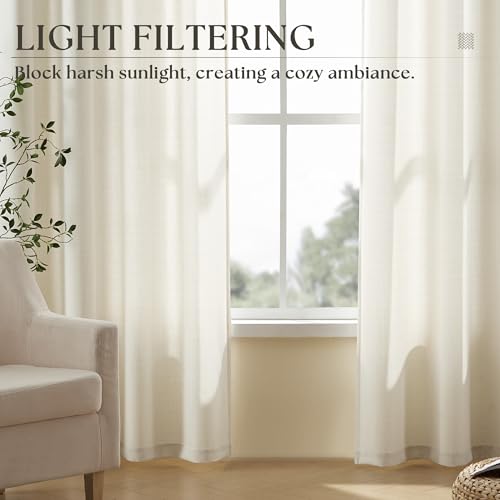 Ivory Cream Grommet Linen Semi Sheer Privacy Curtains 84 Inches Long Drapes - color: Natural, size: 52"W x 84"L (Pack of 2)
