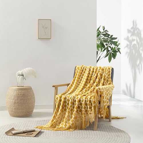 Double Diamond Acrylic Knitted Throw Blanket, Yellow, 50x60 - color: Yellow