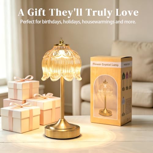 Amber Glass Flower Lamp, Rechargeable Cordless Table Lamp - color: Amber