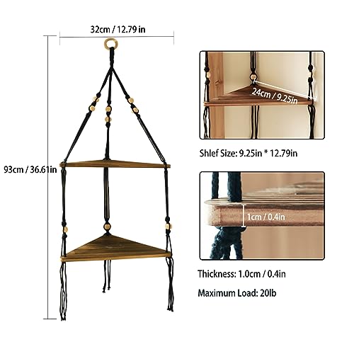 Artilady Corner Shelf Macrame Wall Hanging Balck, Boho Wood Storage Decor - color: Black - 2 Tier
