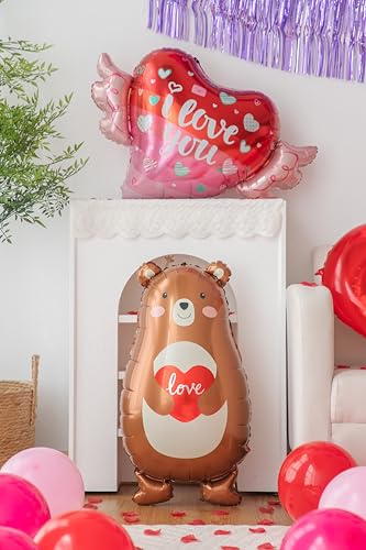 "LOVE" Foil Balloon Kit, Red Purple Romantic Balloons with Interlocking Hearts & Bear Balloon, Valentine's Day Decorations for Proposal, Engagement, Anniversary, Party (Love Kit 5) - color: Love Kit 5