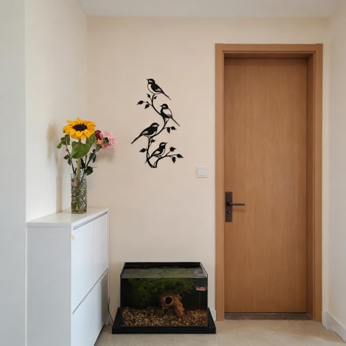Black Metal Bird Wall Decor - 4 Birds on Branch Silhouette Wall Art