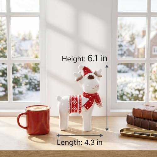 Christmas Decor Reindeer Deer Decor Ceramic Figurine White Glazed Deer Figurine with Santa Hat Scarf Knit Blanket for Tabletop Mantel Shelf Christmas Decorations Indoor