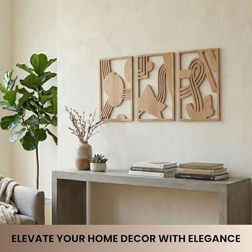 qmmp Modern Wooden Wall Sculptures - Set of 3 - Home Decor Accent - Large Wall Art for Living Room, Bedroom, Office - Easy Installation (Oak, Medium - Abstract Shapes) - color: Oak, size: Medium - Abstract Shapes