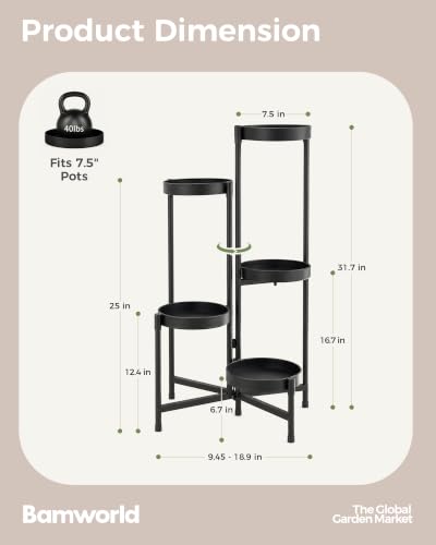 Bamworld Plant Stand Indoor Outdoor 5 Tier Corner Plant Shelf Metal Holder - color: Black, size: 5 Tiers