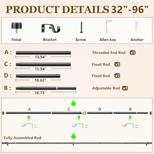 2 Pack Curtain Rods for Windows 32-96 Inch, 1 Inch Adjustable Black Curtain Rod Set with Brackets, Easy Install - color: Black, size: 32"-96"/2 Pack