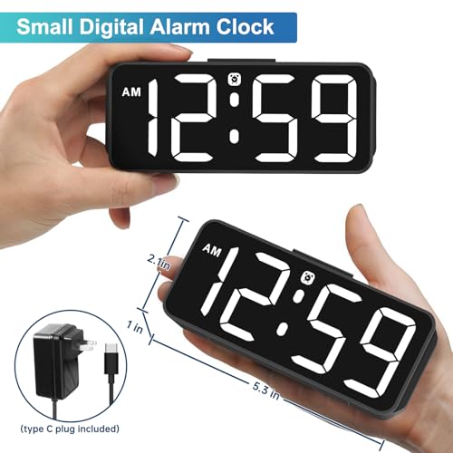 Peakeep Small Digital Alarm Clock for Bedroom, Large Number, Battery Backup - color: White Digits(plug-in, Ultra-compact)
