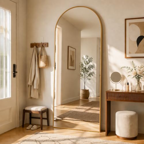 Arched Full Body Gold Mirror with Stand, 65"x24", Floor, Wall or Lean, Aluminum Alloy Frame, For Living Room, Bedroom, Cloakroom - color: Gold, size: 65"L x 24"W