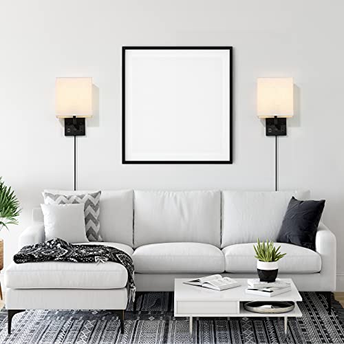 HAITRAL Wall Sconces Plug in with Bulbs - Wall Lamps for Bedroom with USB and Outlet,Sconces Wall Decor Set of 2 with Switch and Bulb Wall Light Fixtures for Living Room,Bedroom(Include Bulbs)-Black