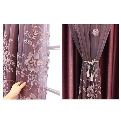 Amidoudou 1 Pair European Double Layer Curtains for Living Room Bedroom Luxury Flower Embroidered Curtains with Valance (Purple,52x90 Inch) - color: Purple, size: 52"W x 90"L (Pack of 2)