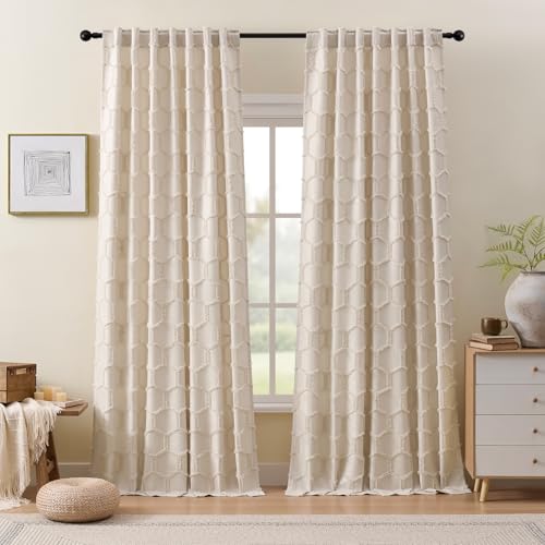 Cream Beige Geometry Curtains 90 Inches Long 2 Panels Neutral Fluffy Curtains Moroccan Trellis Rod Pocket Back Tab Light Filtering Semi Sheer Hexagon Tufted Decor Drapes for Living Room, 52x90 - color: Cream Beige, size: 52"W x 90"L (Pack of 2)