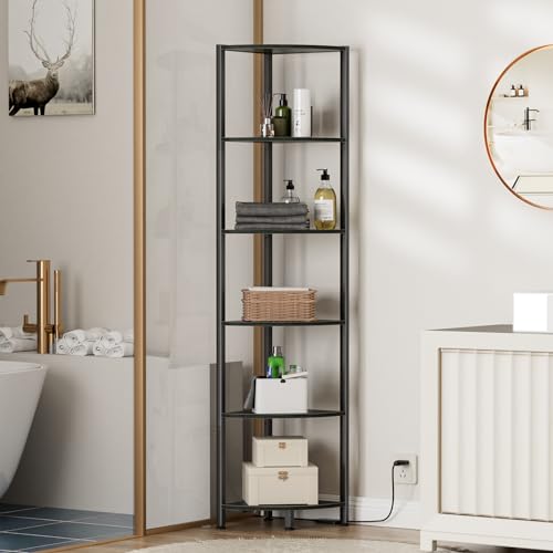 Furnulem 6 Tier Corner Shelf with LED Light, 67.5" Black Narrow Bookshelf - color: Black Oak