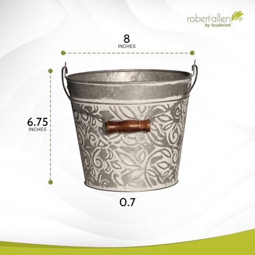 Headwind Vintage Collection - Floral Galvanazied White Wash Planter with Handles – Small Galvanized Buckets & Metal Flower Pots, Decorative Bucket Planter with Drainage Hole for Indoor Plants & Outdoo - color: Galvanized W/ White Wash, size: 8"