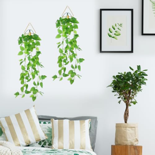 Jexine 2 Pcs Boho Wall Decor Gold Hanging Planters with Artificial Plants Wall Art Mounted Metal Home Decor Display Bedroom Bathroom Living Room(Pothos) - style: Pothos