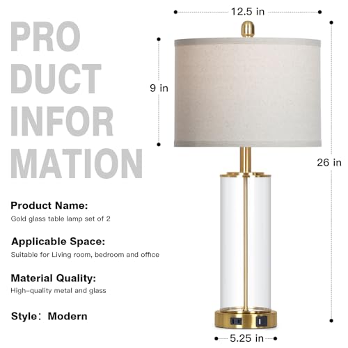 Ruzectt 26" Glass Table Lamp Single, 3-Way Dimmable Touch Control Living Room Lamp with USB C+A Ports & AC Outlet, Modern Bedside Lamps, Bedroom Lamps for Nightstand Side End Table Desk, Gold-1PK - color: Gold-1PK