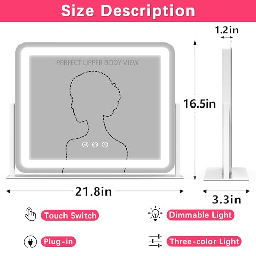 ROLOVE Large Vanity Mirror with Lights, 22"x17" Lighted Makeup Mirror for Desk, 3 Color Dimmable LED Lights, Smart Touch Control & 360° Rotation Tabletop Dresser Mirror (White) - color: White, size: 22"L x 17"W