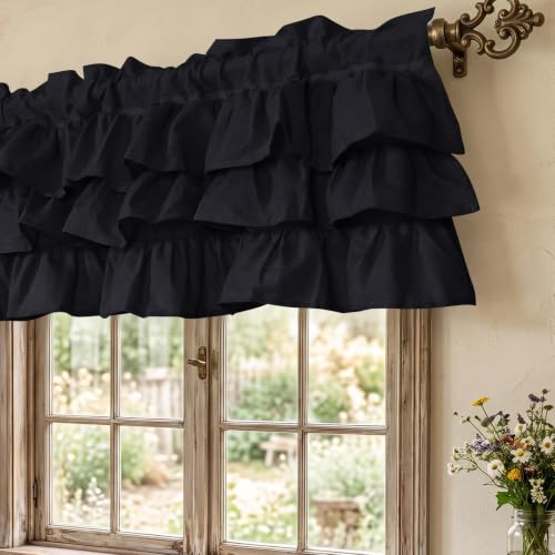 FUANGUI Ruffled Valance Curtain 42" W x 18" L Pleated Kitchen Valance - color: Black, size: 42"W x 18"L (Pack of 1)
