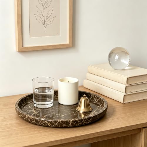 Marble Vanity Tray, Natural Hand Polished Round Serving Tray - color: Brown