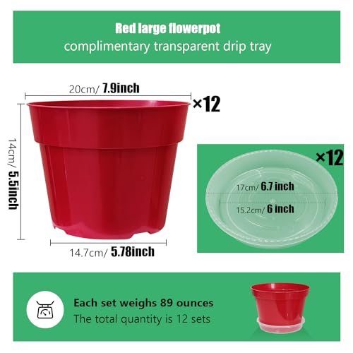 RooTrimmer 8 inch Plastic Flower Pots, Red Plant Pots 12Pack with Saucers for Indoor House Plants Growing and Decoration - color: Red, size: 8 Inch 12 Pack