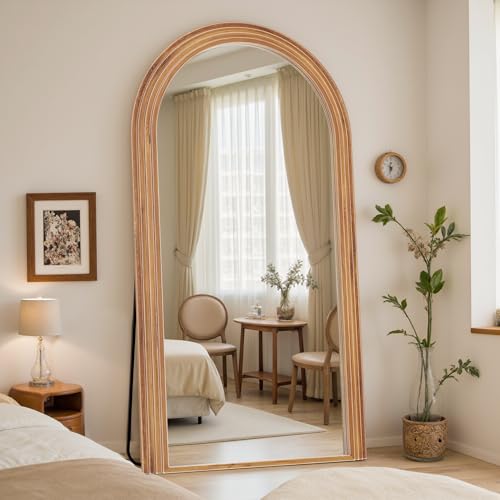 Antok Full Length Mirror 76"×41" Floor Mirror Standing Tall Mirror, Arched Stand up Large Wall Mirrors, Freestanding Full Body Mirrors for Bedroom Living Room Wood Vintage Style Brown - color: Brown, size: 76"L x 41"W, style: Wood Vintage Style
